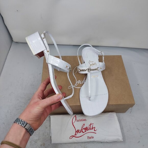 Christian Louboutin Shoes - Christian Louboutin White MJ Thong Alligator Block Heel Sandal